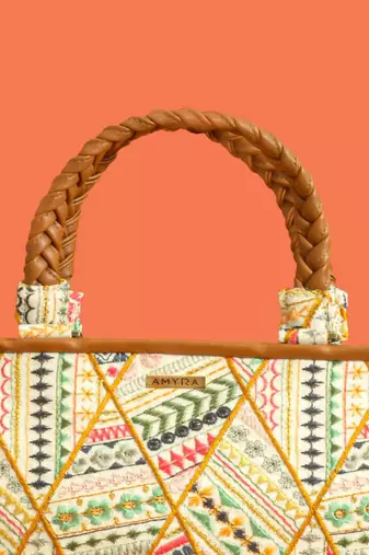 Multicolor silk embroidered tote bag