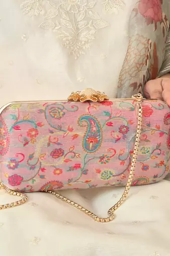 Pink wool floral embroidered clutch