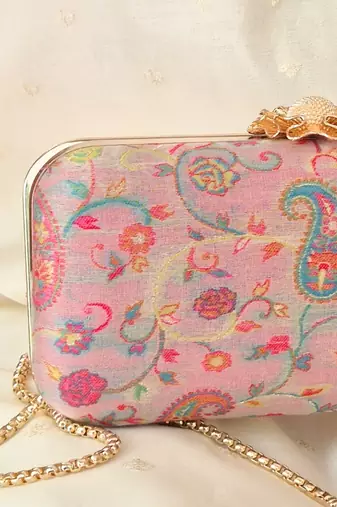 Pink wool floral embroidered clutch
