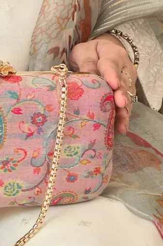 Pink wool floral embroidered clutch