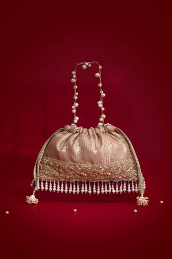 Pink silk floral embroidered potli bag