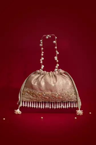 Pink silk floral embroidered potli bag