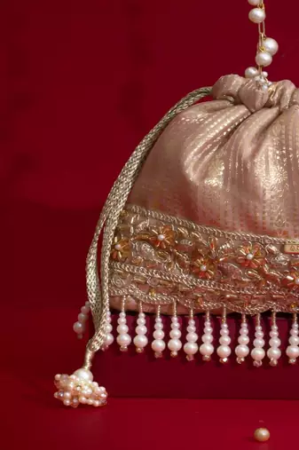 Pink silk floral embroidered potli bag
