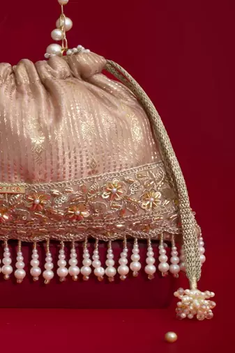 Pink silk floral embroidered potli bag