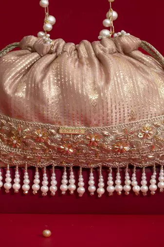 Pink silk floral embroidered potli bag