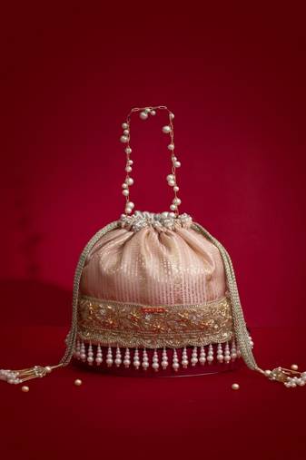 Pink silk floral embroidered potli bag
