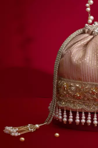 Pink silk floral embroidered potli bag
