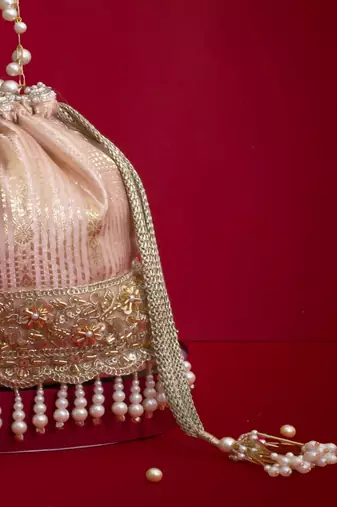 Pink silk floral embroidered potli bag