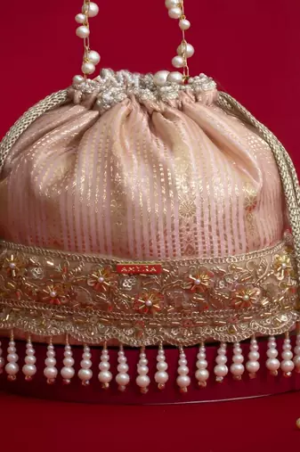 Pink silk floral embroidered potli bag