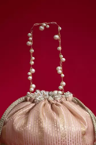 Pink silk floral embroidered potli bag