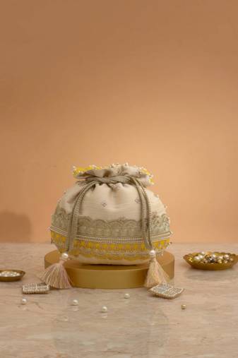 Yellow silk floral embroidered potli bag