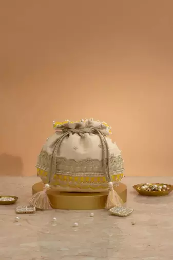 Yellow silk floral embroidered potli bag