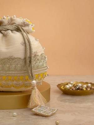 Yellow silk floral embroidered potli bag 3
