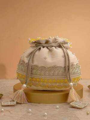 Yellow silk floral embroidered potli bag 5