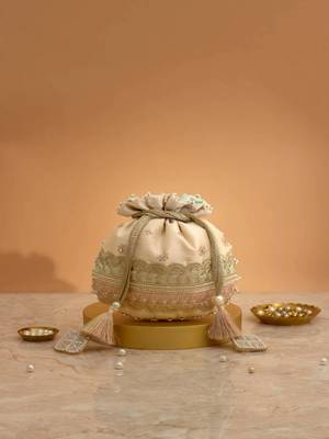 Pink silk floral embroidered potli bag 1