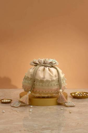 Pink silk floral embroidered potli bag