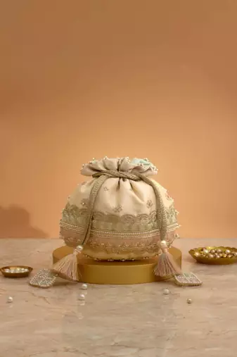 Pink silk floral embroidered potli bag