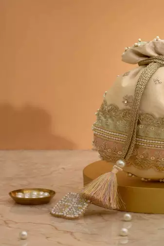 Pink silk floral embroidered potli bag