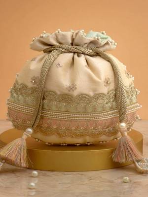 Pink silk floral embroidered potli bag 4