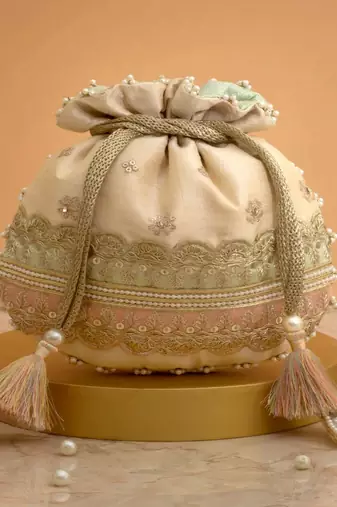 Pink silk floral embroidered potli bag