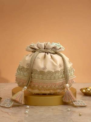 Pink silk floral embroidered potli bag 5