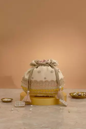 Pink silk floral embroidered potli bag