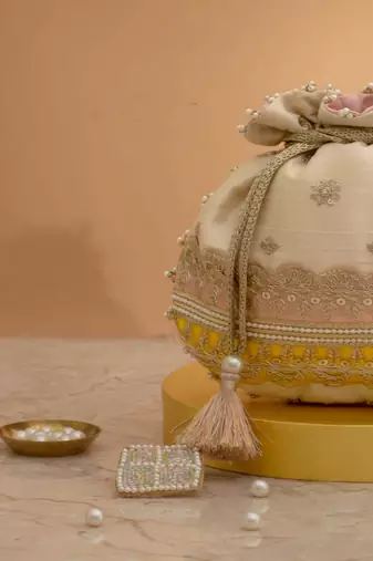 Pink silk floral embroidered potli bag