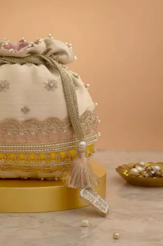Pink silk floral embroidered potli bag