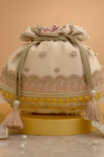 Pink silk floral embroidered potli bag