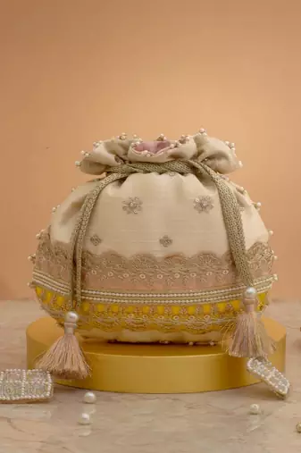 Pink silk floral embroidered potli bag