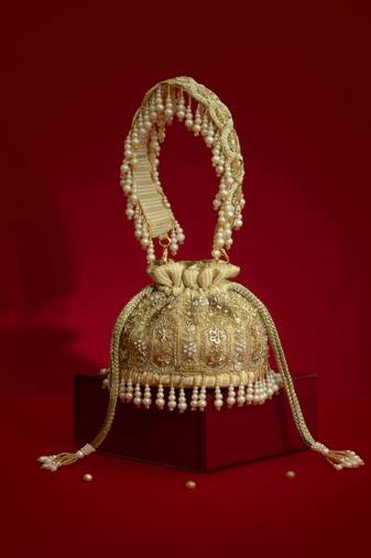 Gold silk floral embroidered potli bag