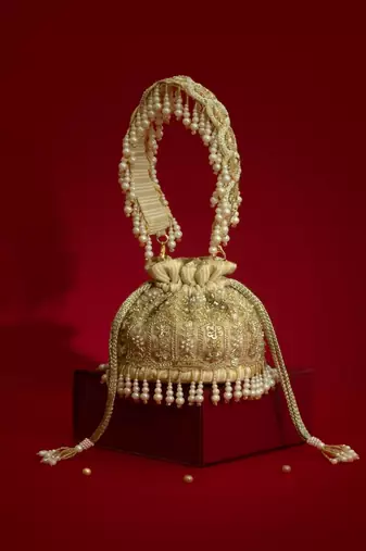 Gold silk floral embroidered potli bag