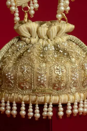 Gold silk floral embroidered potli bag