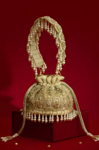 Gold silk floral embroidered potli bag