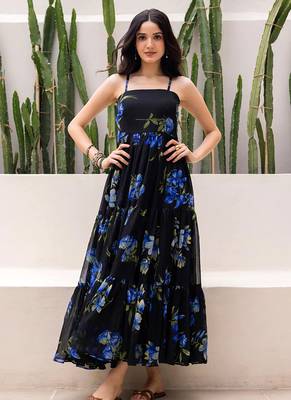 Black heavy digital printed faux georgette gown style 1