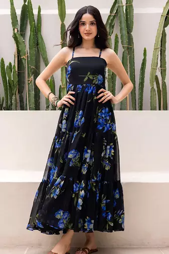 Black heavy digital printed faux georgette gown style