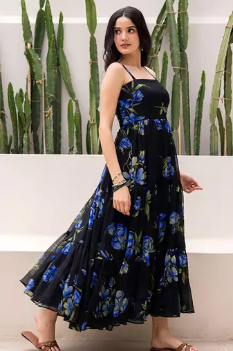 Black heavy digital printed faux georgette gown style