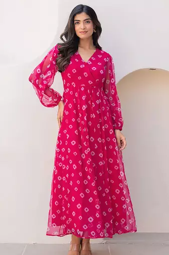 Pink heavy digital printed faux georgette gown style