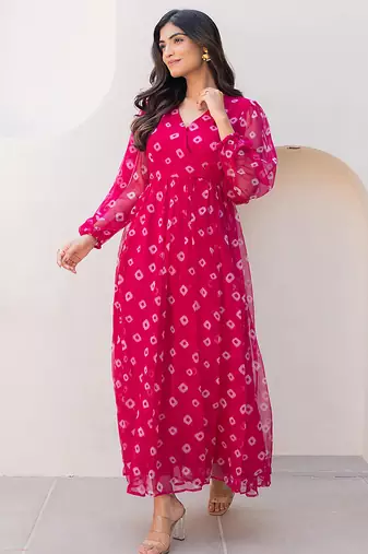 Pink heavy digital printed faux georgette gown style