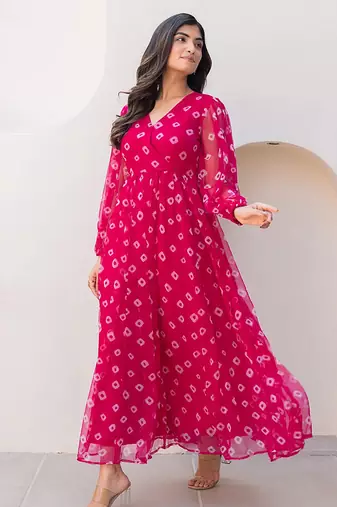 Pink heavy digital printed faux georgette gown style