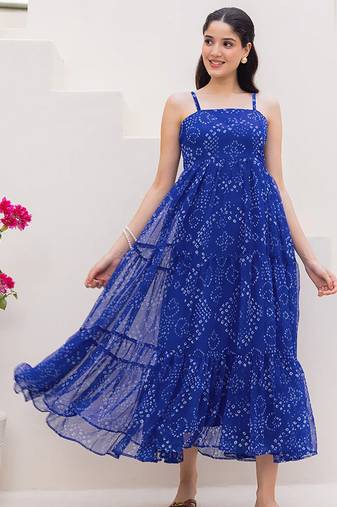 Blue heavy digital printed faux georgette gown style