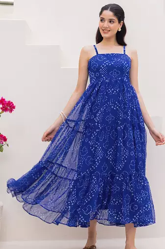 Blue heavy digital printed faux georgette gown style