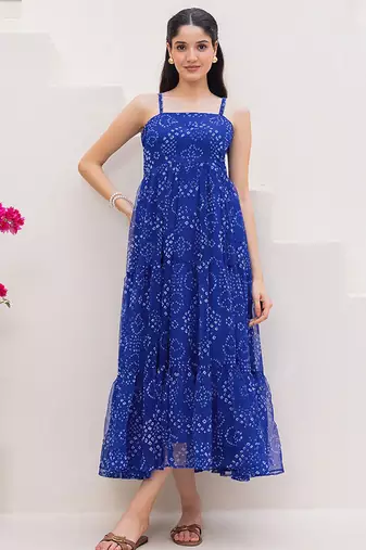 Blue heavy digital printed faux georgette gown style