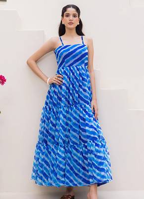 Blue heavy digital printed faux georgette gown style 1