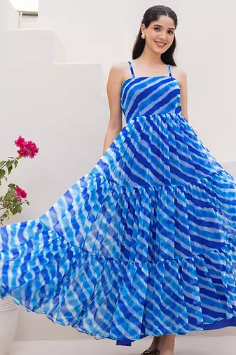 Blue heavy digital printed faux georgette gown style