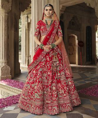 Red Premium Silk Bridal Lehenga with Hand Embroidery & Zarkan Work for wedding 4