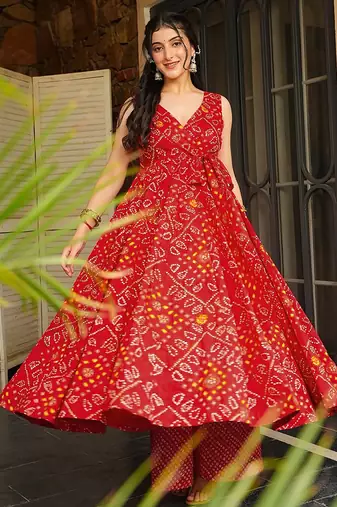 Red heavy digital printed heavy rayon gown palazzo style