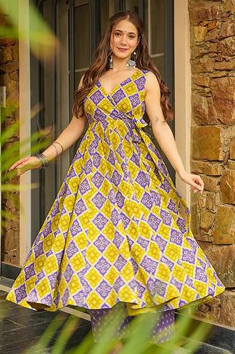 Yellow heavy digital printed heavy rayon gown palazzo style