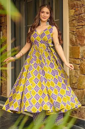 Yellow heavy digital printed heavy rayon gown palazzo style