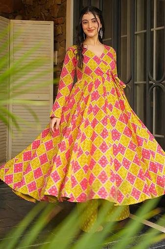 Yellow heavy digital printed heavy rayon gown palazzo style